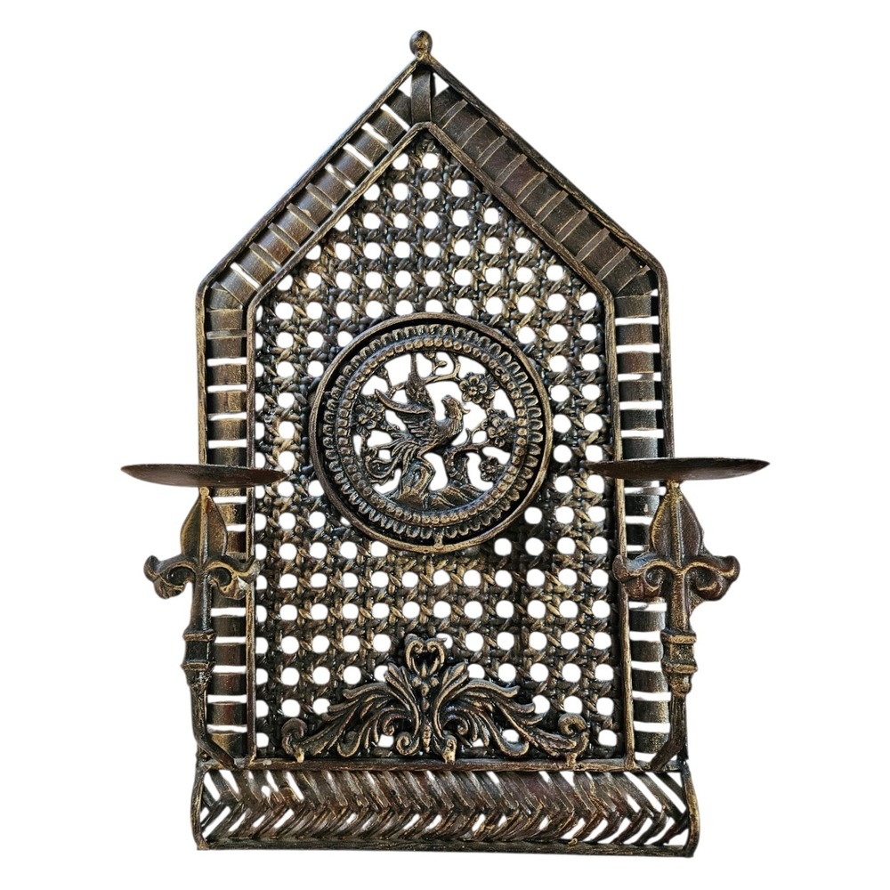 Vintage Moroccan Cast Iron Wall Sconce Candle Holder Ornate Gothic Arch Bird